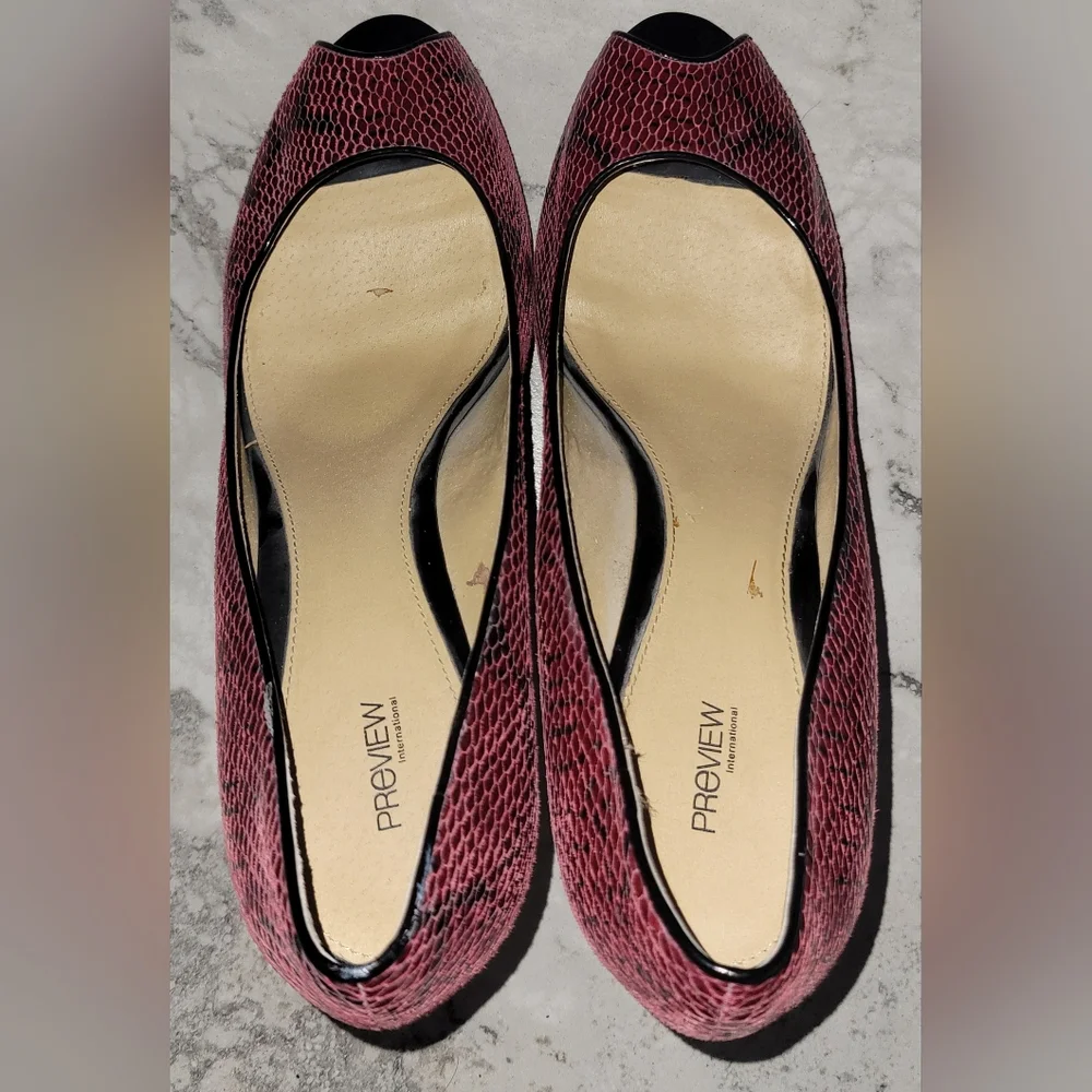 Preview International Leather‎ Red Black Snakeskin Peep Toe Heels Sz 11